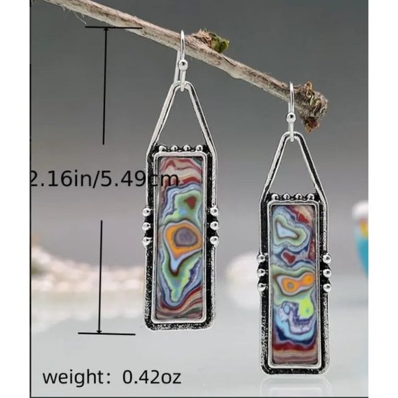 Boho Vintage Spiral Marble Pattern Colorful Stone Drop Earrings - Picture 2 of 3